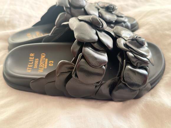 Valentino Garavani Shoes - Valentino Garavani Atelier 03 Rose Edition Black Leather Slide Sandals